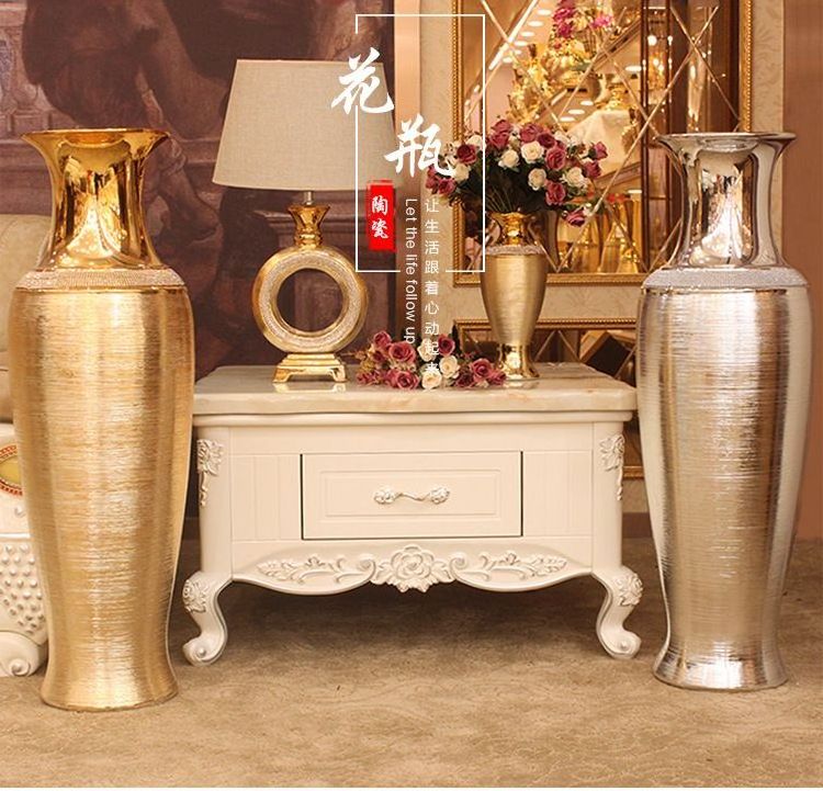 Floor Vase Fashion Livingroom Decoration Vase Wedding Jarrones Decoracion Grandes Electroplated Ceramics Large Floor Gold Vase