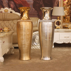 Floor Vase Fashion Livingroom Decoration Vase Wedding Jarrones Decoracion Grandes Electroplated Ceramics Large Floor Gold Vase