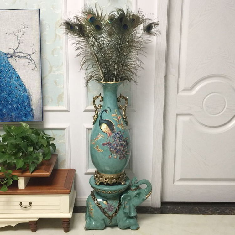 Floor Vase High End Painted Resin Peacocks Vase Elephant Pedestal Jarrones Grandes De Suelo Tall Luxury Floor Vase With Handle