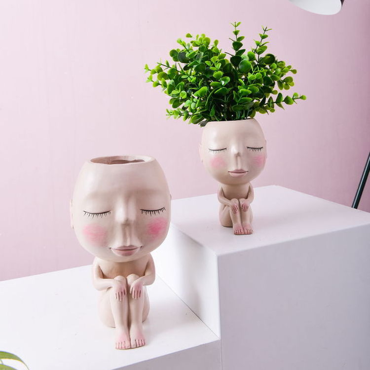 Face Vase Cute Resin Home Goods Decorative Vase Fancy Design Testa Di Fiori Vasi Sitting Girl Pink Vase Womans Face