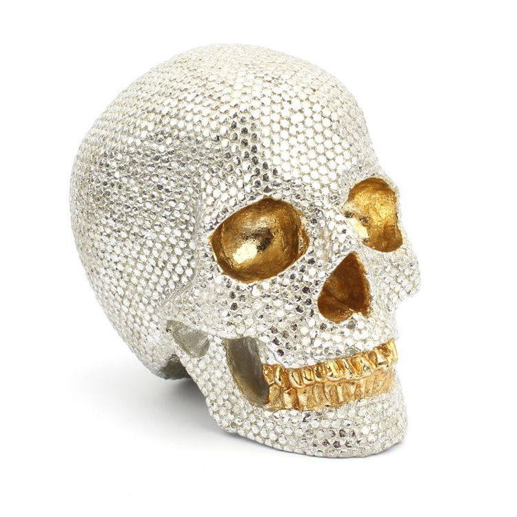 Halloween Decor Hot Sell Cheap Small Funky Resin Skull Car Decoration Sliver Sequin Skull Head Halloween Home Decor