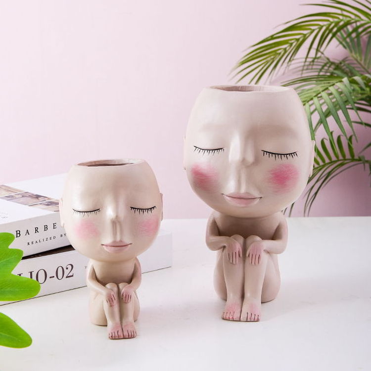 Face Vase Cute Resin Home Goods Decorative Vase Fancy Design Testa Di Fiori Vasi Sitting Girl Pink Vase Womans Face