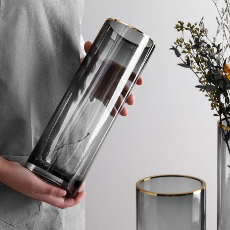 Nordic Vase Simple Style Golden Mouth Cylinder Flower Vases Gray Glass Floreros Negros Hydroponics Long Vases For Home Decor