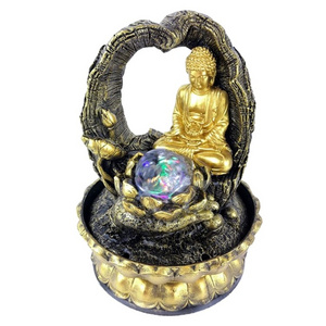 Chinese Style Feng Shui Room Desktop Decoration Golden Resin Buddha Water Fountain