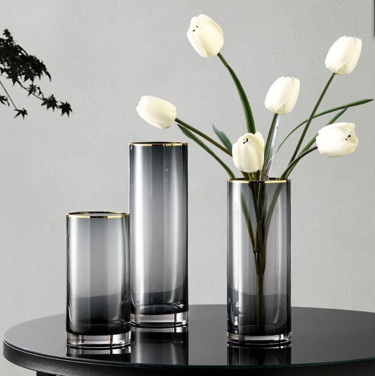 Nordic Vase Simple Style Golden Mouth Cylinder Flower Vases Gray Glass Floreros Negros Hydroponics Long Vases For Home Decor