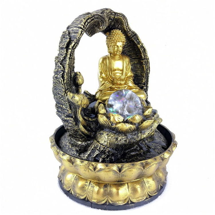 Chinese Style Feng Shui Room Desktop Decoration Golden Resin Buddha Water Fountain