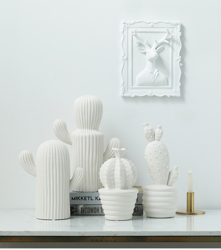 Nordic Crafts Cactus Sculpture Modern Home Decoration White Ceramic Cactus Ornaments