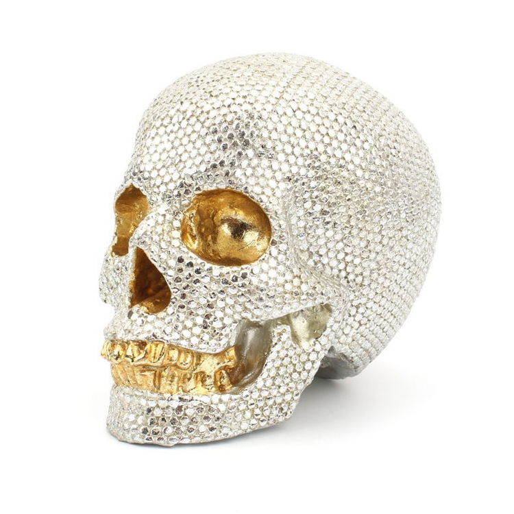 Halloween Decor Hot Sell Cheap Small Funky Resin Skull Car Decoration Sliver Sequin Skull Head Halloween Home Decor