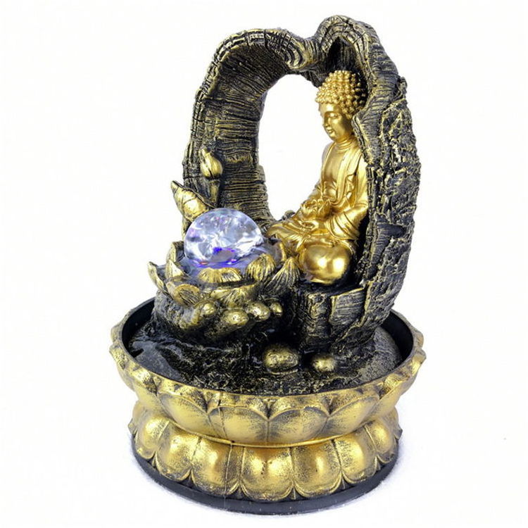 Chinese Style Feng Shui Room Desktop Decoration Golden Resin Buddha Water Fountain