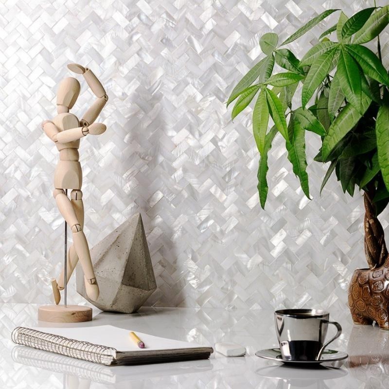 Herringbone Mother of Pearl Tile, Peel and Stick Seamless Shell Mosaic Tile for Kitchen Backsplash