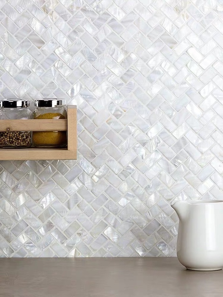 Natural Herringbone Mother of Pearl Tile, Peel and Stick Seam Shell Mosaic Tile for Kitchen Backsplash