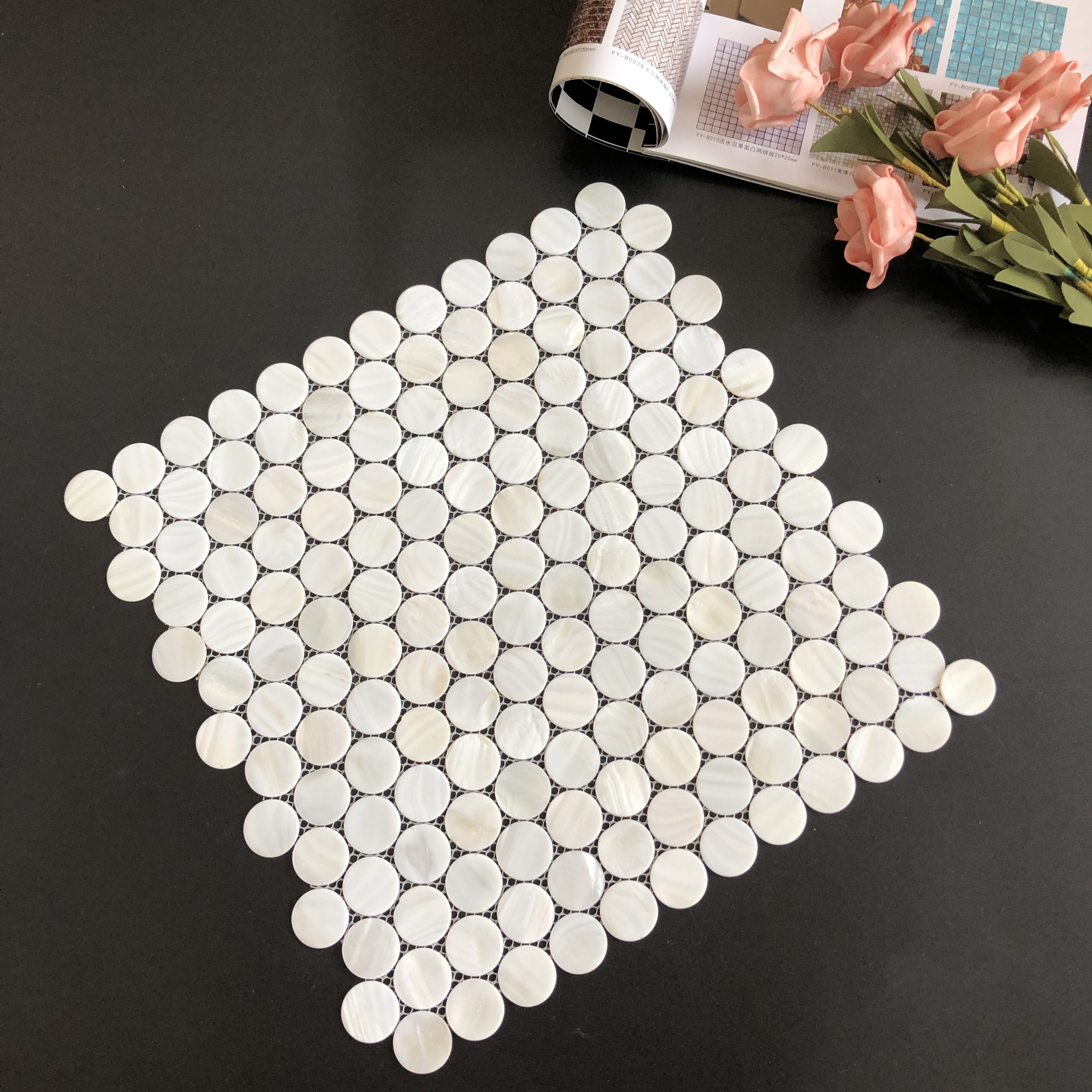 Round Mother of Pearl Tile, Peel and Stick Seam Shell Mosaic Tile for Kitchen Backsplash