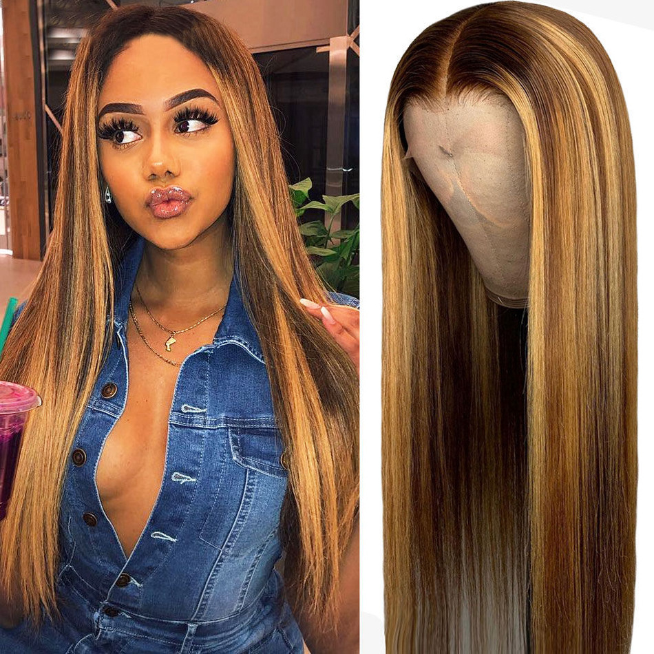 Hot Selling Fashionable piano colored wig Highlight 1b Honey Brown Color Straight Human Hair Transparent Lace Front Closure Wigs