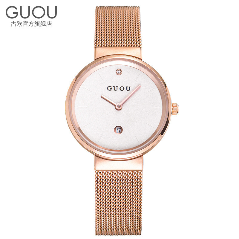 High quality guou rose gold simple two needle timing stainless steel mesh quartz movement ladies watches brands luxury women