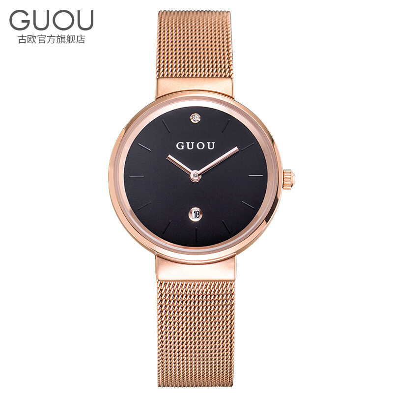 High quality guou rose gold simple two needle timing stainless steel mesh quartz movement ladies watches brands luxury women