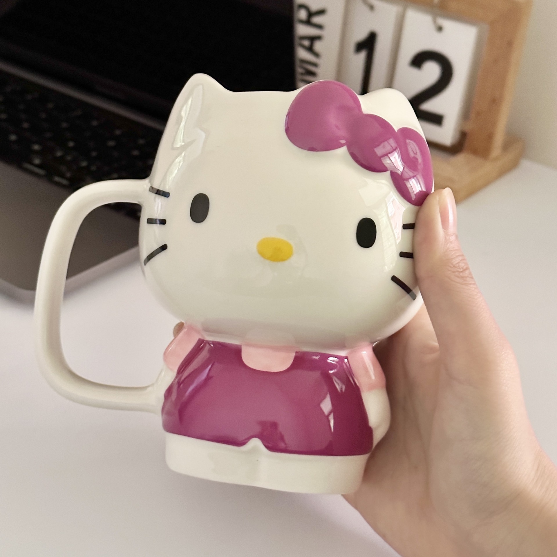 HOT Custom new oversized oz 3d hello Cat Figural Coffee cup Cute ceramic pink kitty cartoon character mug