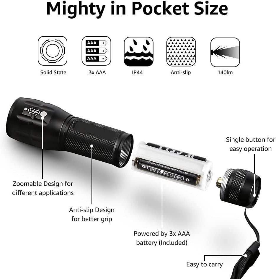 1000 High Lumens, Bright Small Flashlight Zoomable Waterproof Adjustable Brightness LED AAA FlashLight