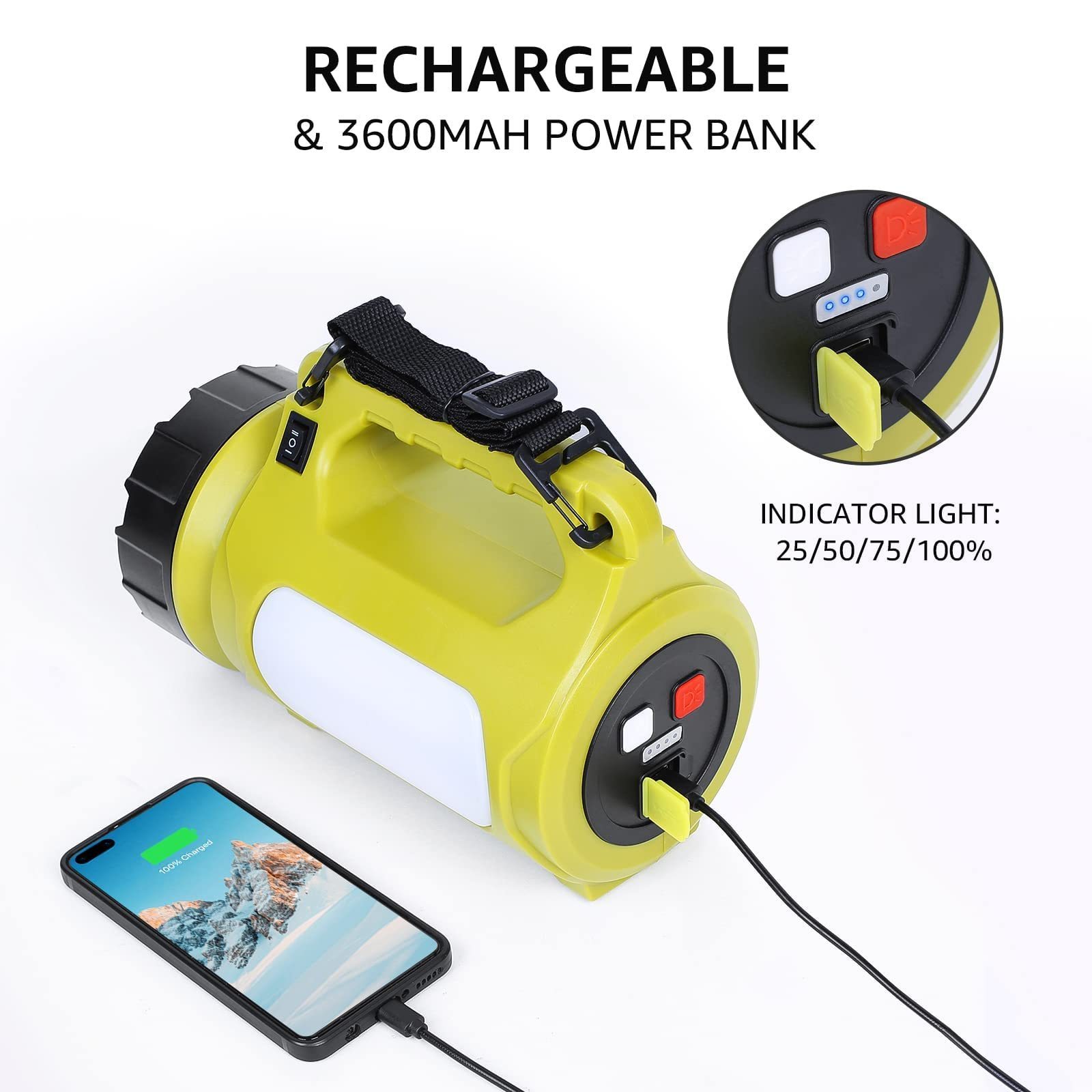 Portable 1000LM LED Spot Lantern Flashlight Plastic Hunting Search Light with Handle, Mining Torch Light for Outdoor, Earthquake