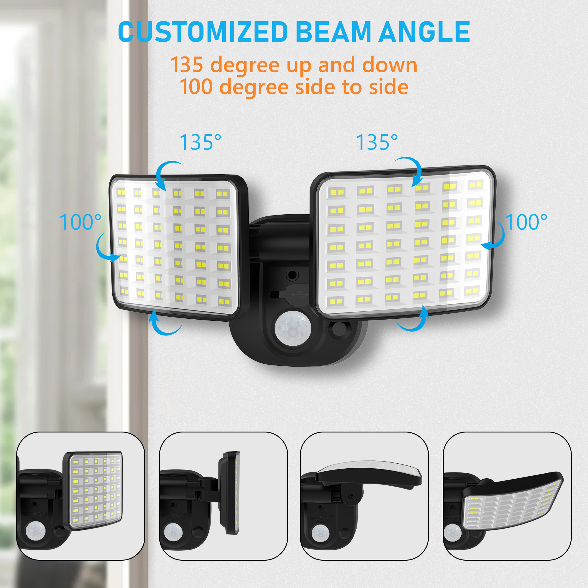 Two-head LED Wall Light with PIR Sensor Battery Operated with Switch 7W USB Rechargeable Wall Lighting  Lamp