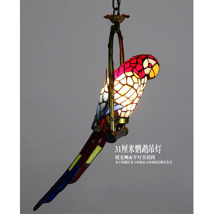 Pastoral Style Big Red Parrot Design Tiffany Stained Decorative Art Glass Led Chandelier Pendant Light