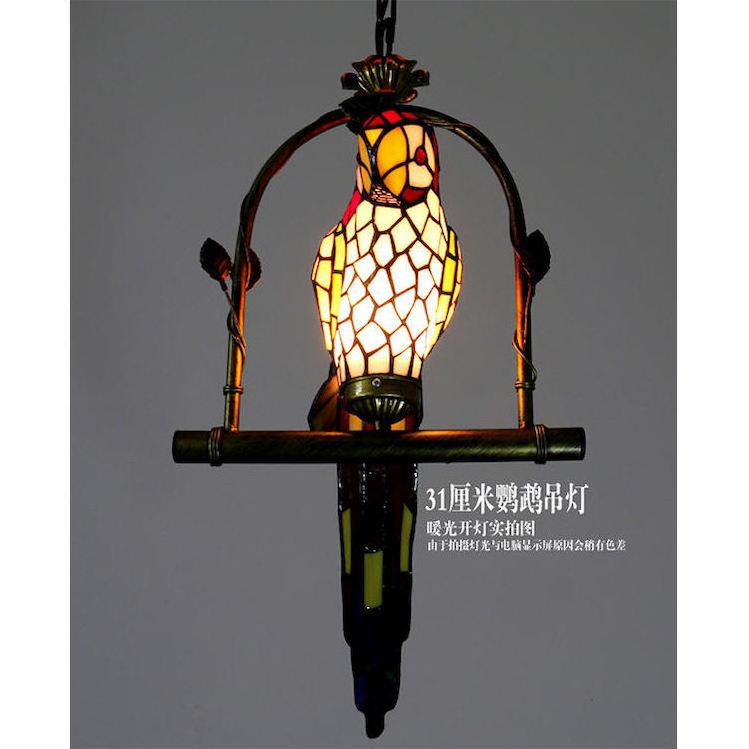 Pastoral Style Big Red Parrot Design Tiffany Stained Decorative Art Glass Led Chandelier Pendant Light