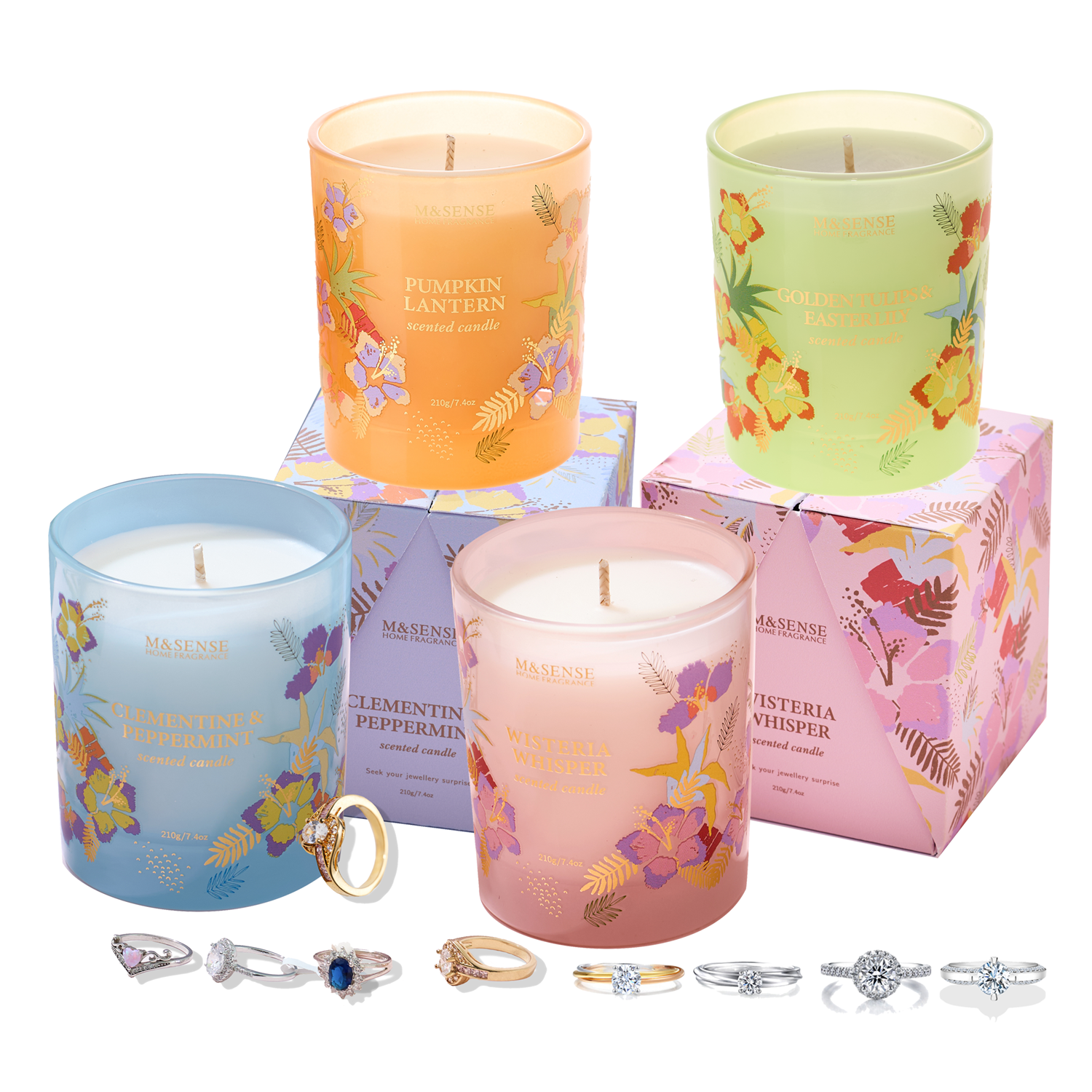 M&Sense personality cute luxury gift set gem stone ring scented candle with jewelry inside