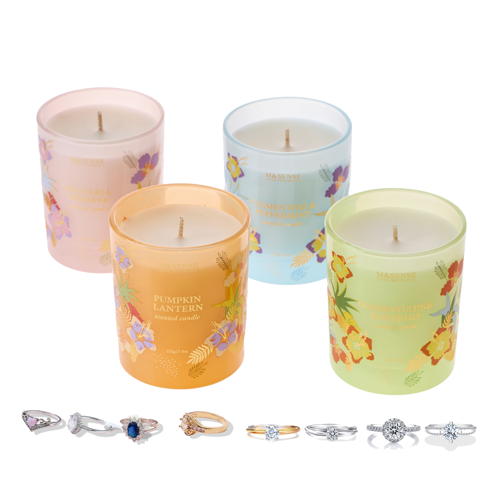 M&Sense personality cute luxury gift set gem stone ring scented candle with jewelry inside