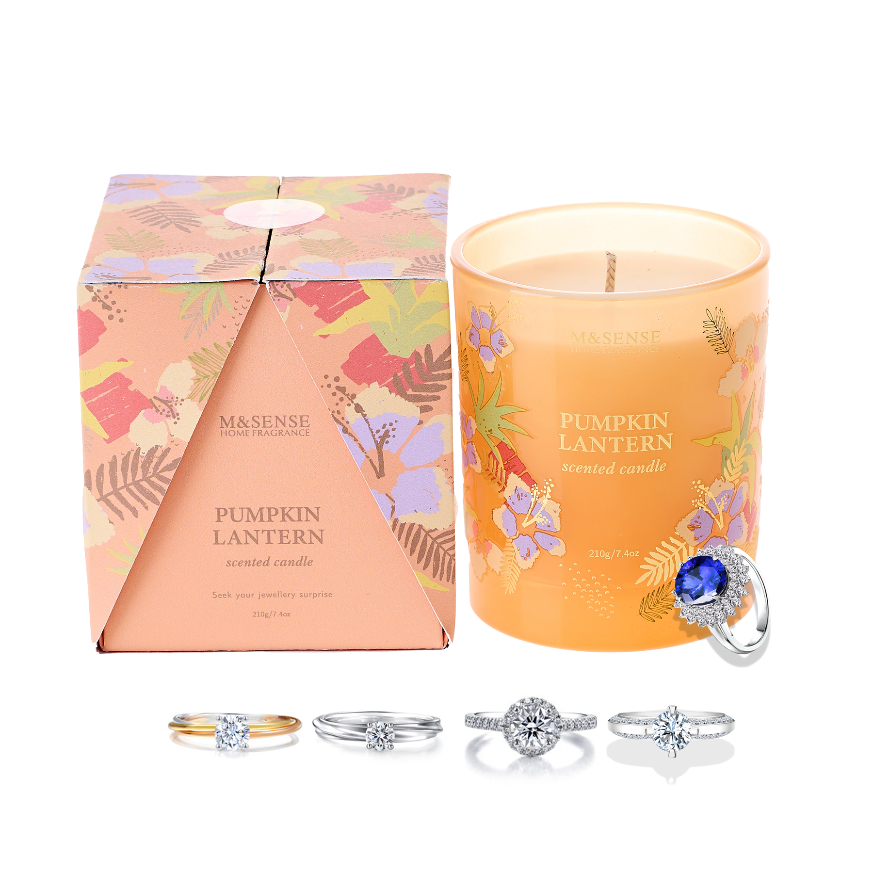 M&Sense personality cute luxury gift set gem stone ring scented candle with jewelry inside