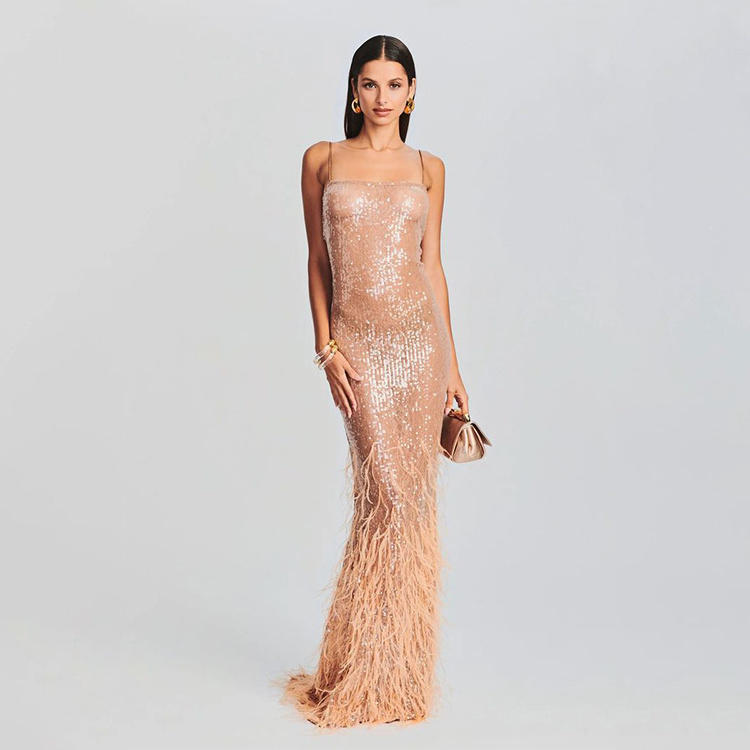 Hot Luxury Feather Champagne Color Women's Evening Wedding Strapless Mermaid Long Dresses Party Prom Dresses