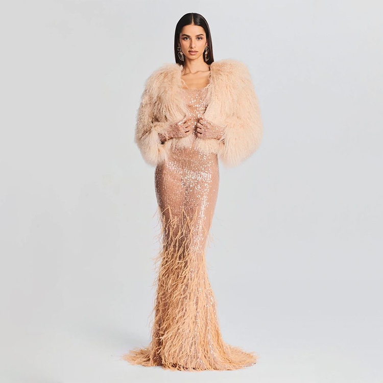 Hot Luxury Feather Champagne Color Women's Evening Wedding Strapless Mermaid Long Dresses Party Prom Dresses