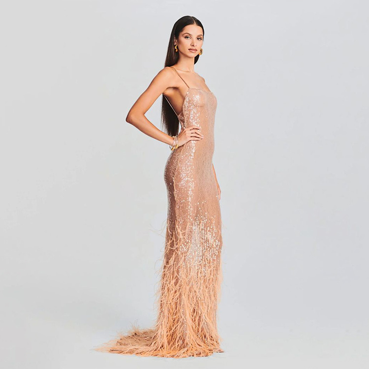 Hot Luxury Feather Champagne Color Women's Evening Wedding Strapless Mermaid Long Dresses Party Prom Dresses