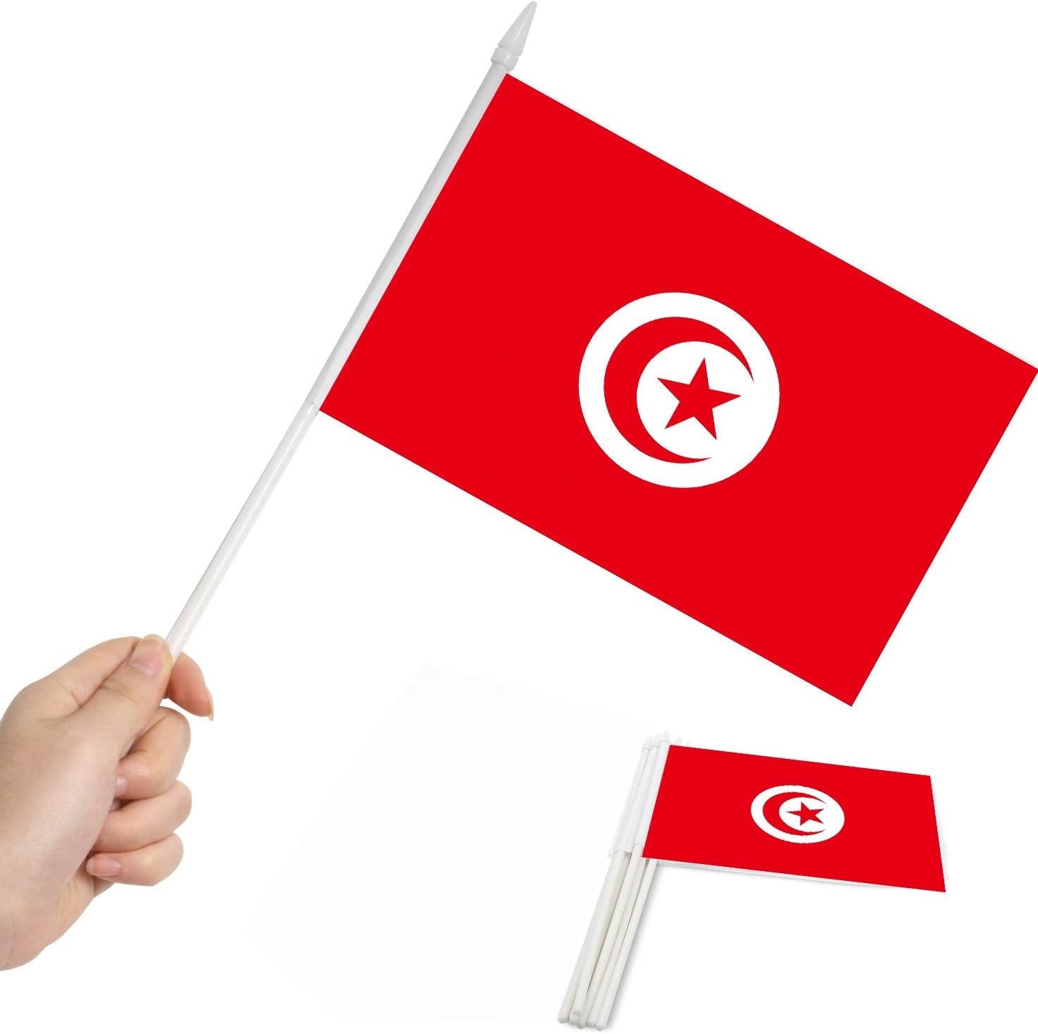 Tunisia Flag 14x21CM Polyester Table Flying Country Hand Waving Stick Tunisian Hand Flags