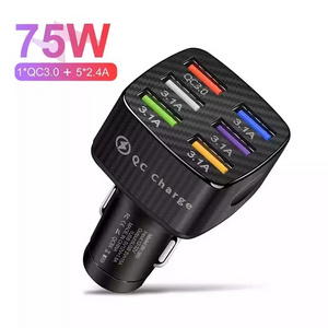 QC3.0 6USB Car Charger 75W Fast Charging Phone Adapter in Car 15A For iPhone 14 Xiaomi Huawei Samsung Car Quick Charge