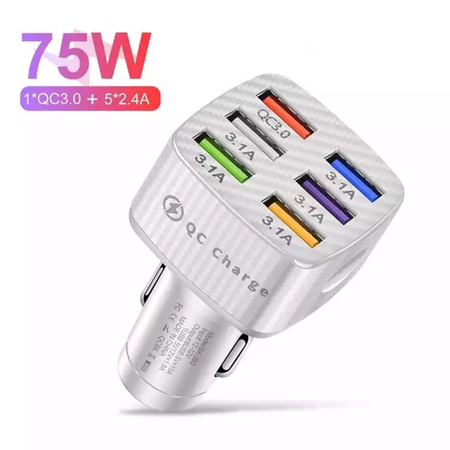 QC3.0 6USB Car Charger 75W Fast Charging Phone Adapter in Car 15A For iPhone 14 Xiaomi Huawei Samsung Car Quick Charge