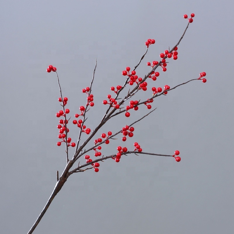 M56 Christmas Ornaments Decoration Supplies Long Stem Christmas Tree Berries Pick Branches Red Fruits Artificial Christmas Berry