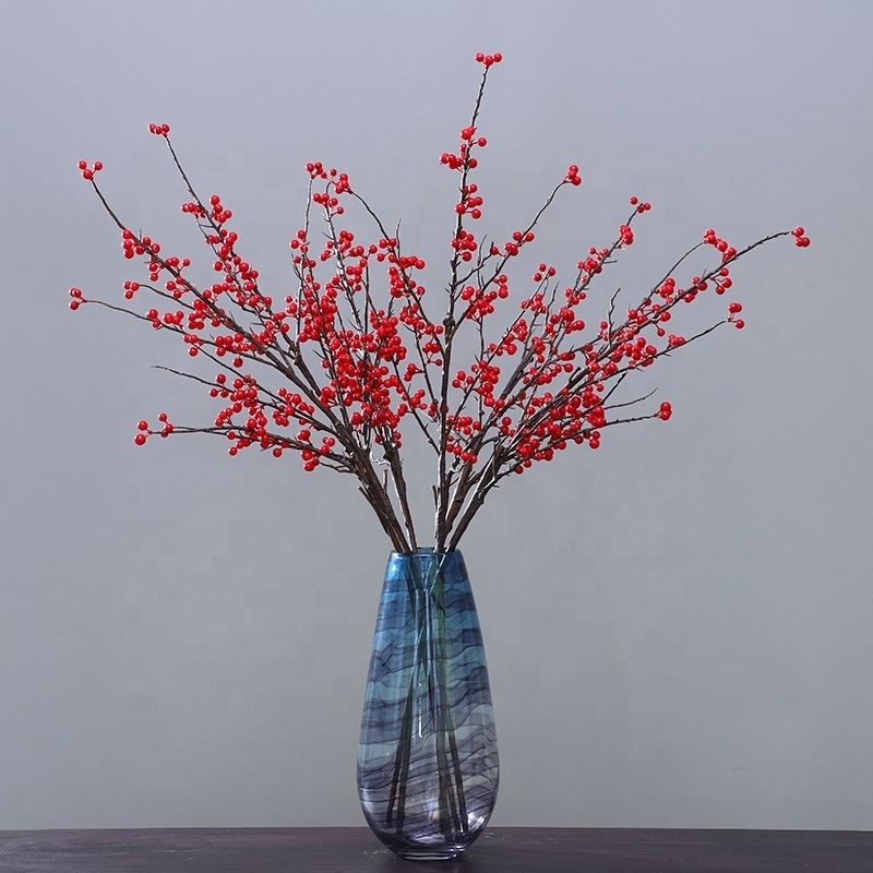 M56 Christmas Ornaments Decoration Supplies Long Stem Christmas Tree Berries Pick Branches Red Fruits Artificial Christmas Berry