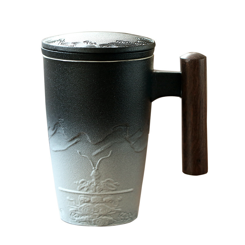 Black Stoneware Mountain Shape Mug with Wooden Handle Ceramic Gift Tea Cup With Infuser