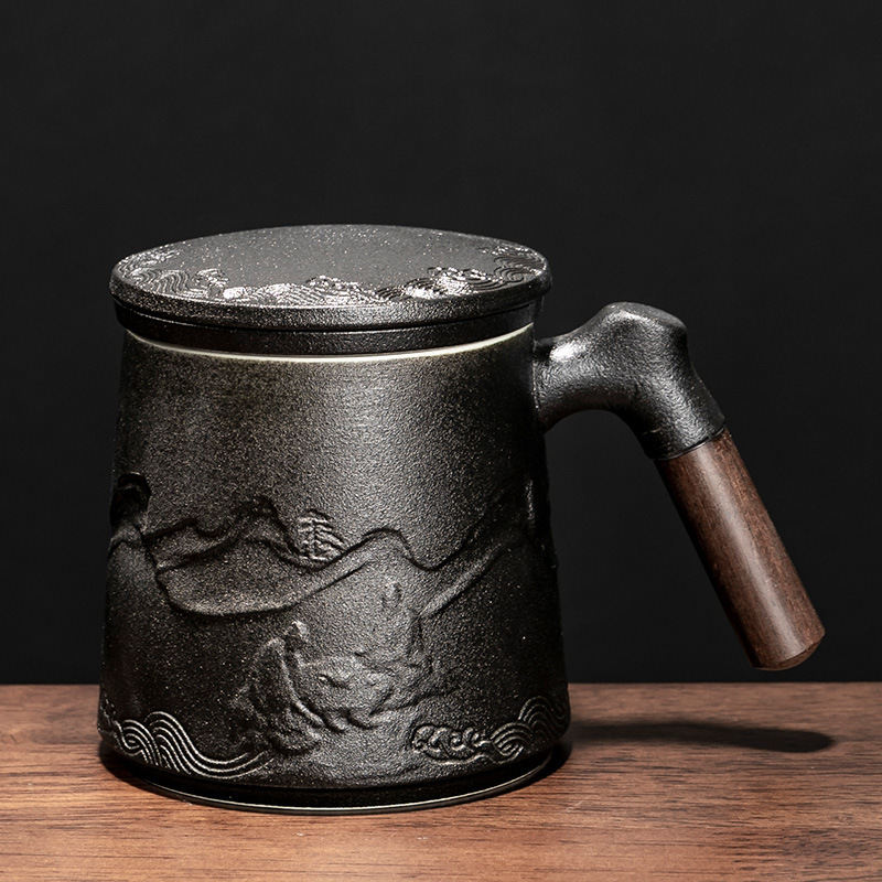 Black Stoneware Mountain Shape Mug with Wooden Handle Ceramic Gift Tea Cup With Infuser