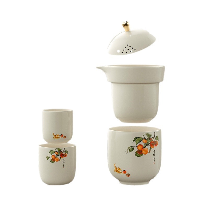 MSH Chinese Hand-Painted Persimmon White Porcelain Portable 1 Pot 3 Cups Quick Cup With Storage Bag Gift Box