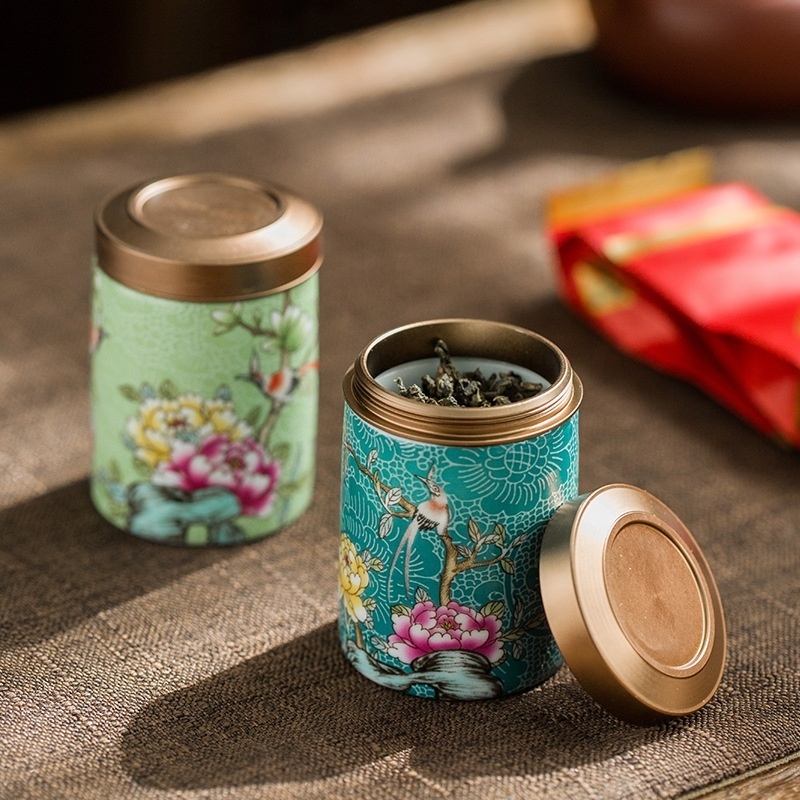 China Style Enamel Color Travel Tea Set Ceramic Tea Cans With Aluminum Alloy Cover