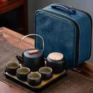 MSH 1 Pot Of 4 Cups Black Pottery Tea Set Outdoor Tea Kettle With Portable Bag