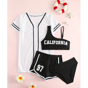 Ms-258 Girls Swimwear Kids 12 Year Old Girl Bikini 4pcs Cami Top &Shorts &Briefs &Cardigan CALIFORNIA Swim Suit for Kids Girls