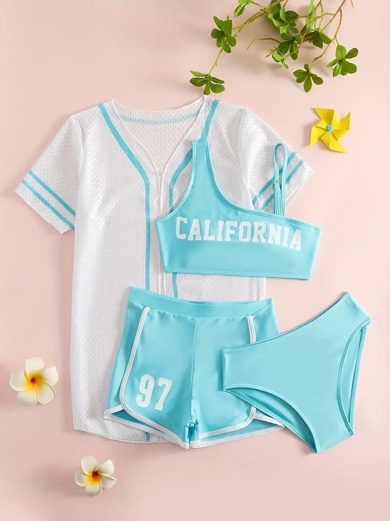 Ms-258 Girls Swimwear Kids 12 Year Old Girl Bikini 4pcs Cami Top &Shorts &Briefs &Cardigan CALIFORNIA Swim Suit for Kids Girls