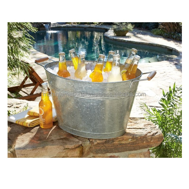 Metal beverage tub & soda pop, beer, wine, ice holder - portable party drink chiller vintage galvanized oval storage bucket bin