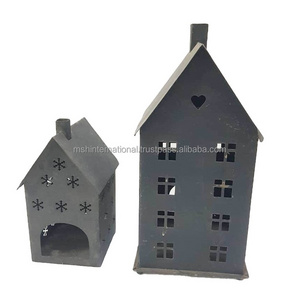 Red black house design candle holder home decorative vintage metal lantern with house patte