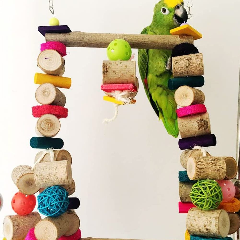 Colorful Wood Bird Parrot Stand Playground For Quail Chewing Swing Climbing Cage Toys