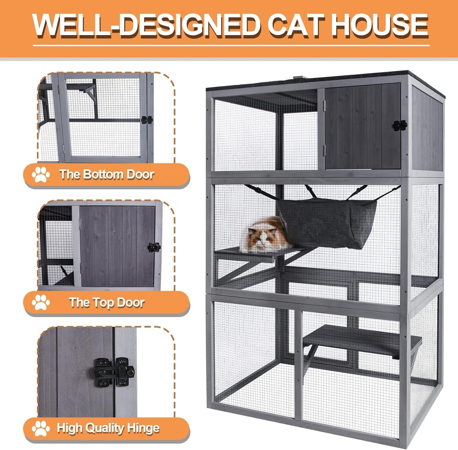 PET Catio Wooden Cat House, Outdoor 3 Floors Cat Enclosure, Indoor Large Kitten playpen with Hammock & Resting Box