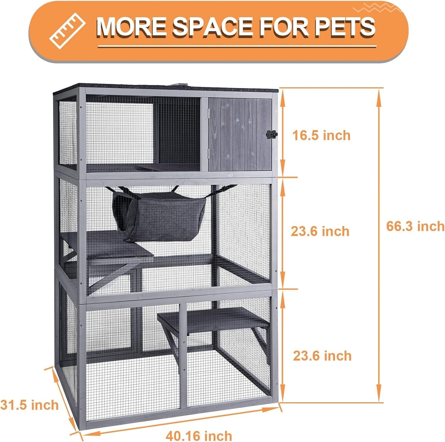 PET Catio Wooden Cat House, Outdoor 3 Floors Cat Enclosure, Indoor Large Kitten playpen with Hammock & Resting Box