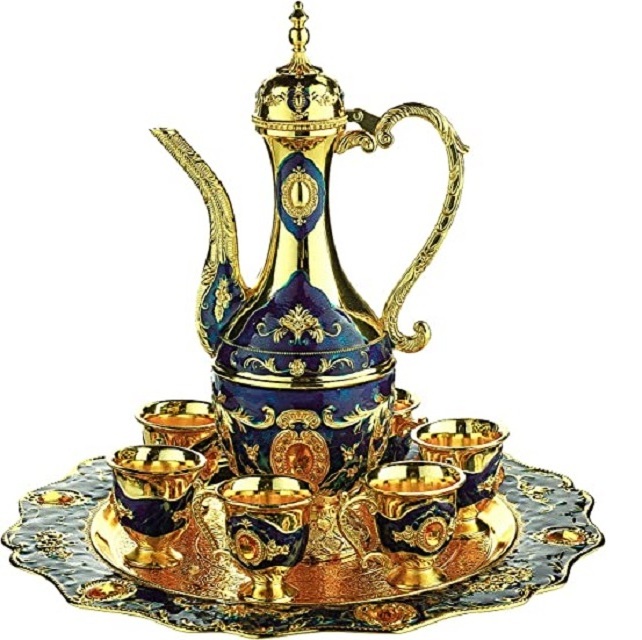 Blue Gold Vintage Metal Turkish Coffee Tea Serving Pot With 6 Cup Set Office Home Coffee Tea Serving Pot Table Decorative pot