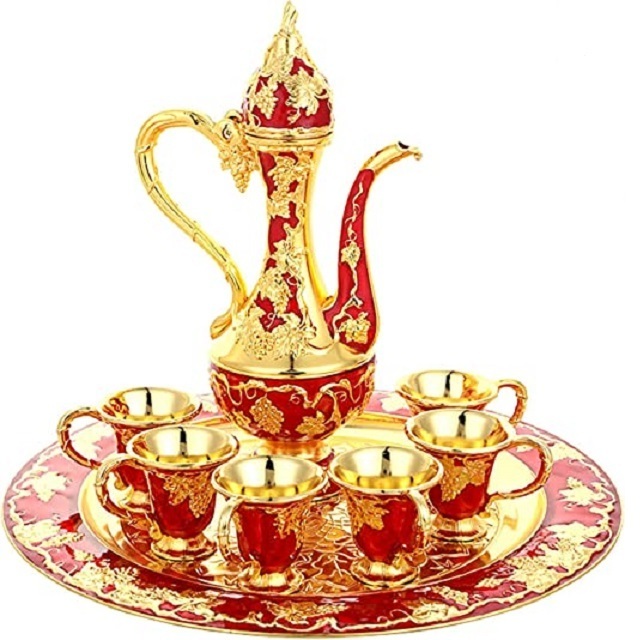 Own Design Best Quality Metal  Red Turkish Coffee Tea Pots With Tray  6 Cup Set Indoor Party Tea Coffee Serving Pots